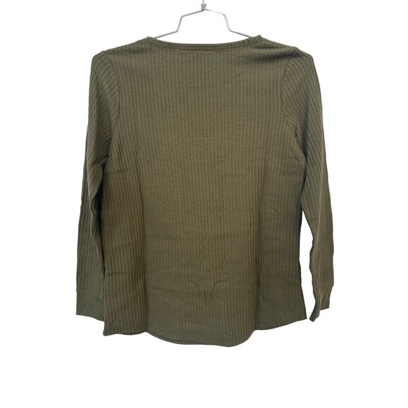 Belle by Kim Gravel Waffle Knit V Neck Top Smile Hem Womens XS Olive Green NEW - Picture 3 of 8